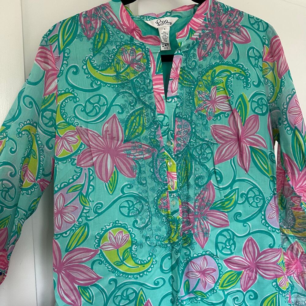 Vintage Lilly Pulitzer (M) Teal Kaftan Maxi Dress / Resortcore Coverup Preppy - Picture 4 of 10